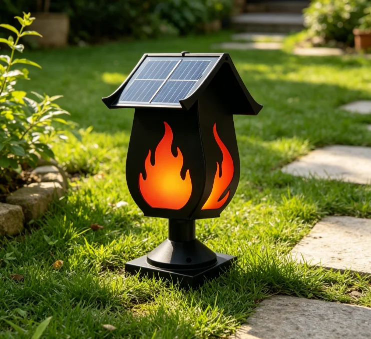 Outdoor Lighting Waterproof - Solarny kolumnowy reflektor z efektem płomienia,